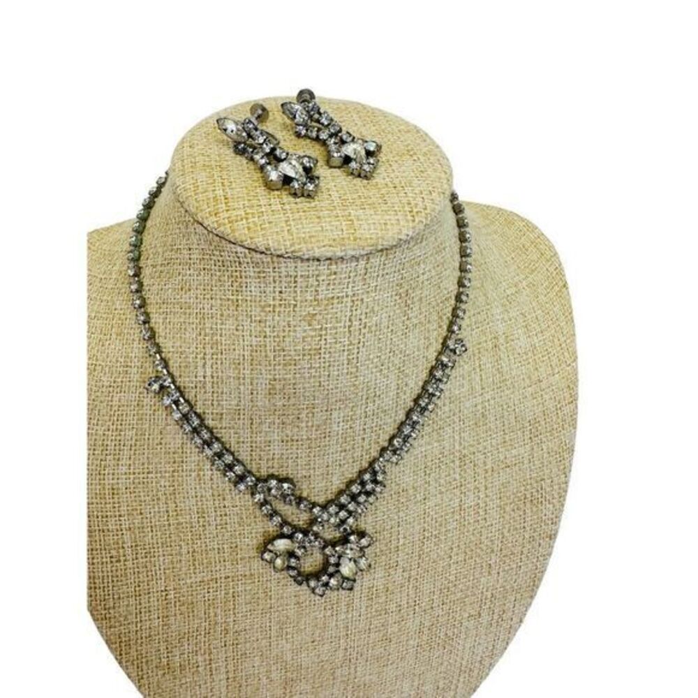 Vintage Rhinestone Necklace Choker & Dangling Earrings Silver Toned Art Deco
